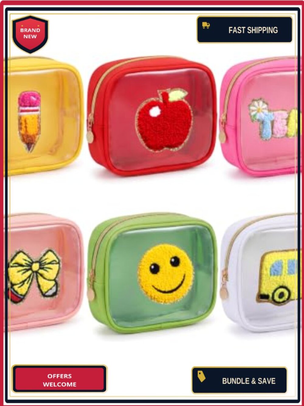 6 Clear Pencil Bags Embroidered PVC Zipper Cosmetic Pouches Back to School Set